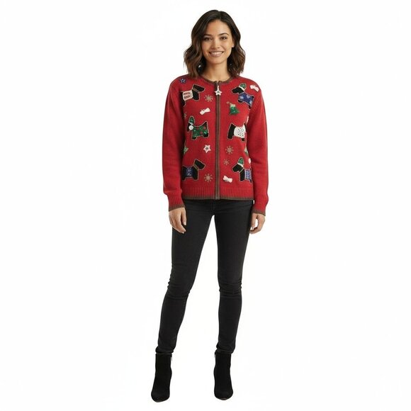 Heirloom Collectibles Red Boston Terrier Ugly Christmas Sweater Cardigan Medium - Picture 1 of 7